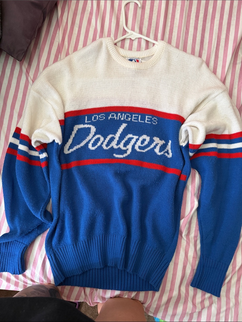 Dodgers MLB White Knit Jersey with Red and Blue Logo Trim